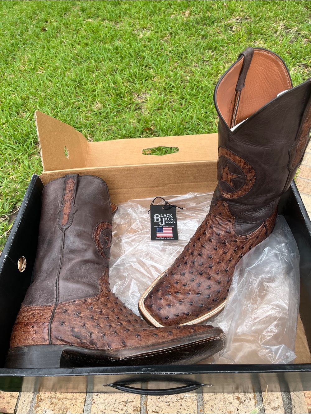 Men's Black Jack Kango Tobacco Ostrich Leather Cowboy Boots Size 10.5